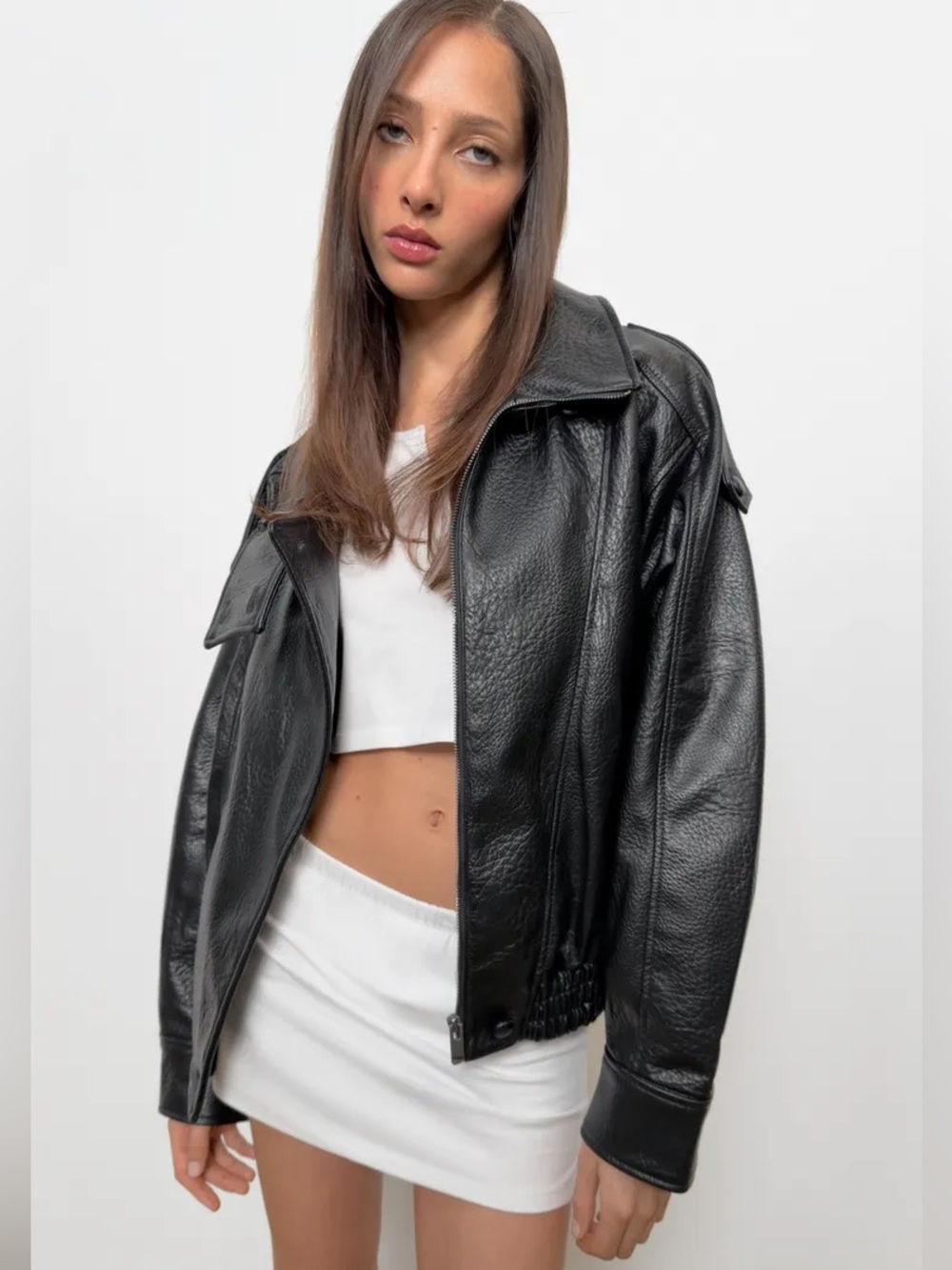 Zara Oversized Black Leather Bomber Jacket